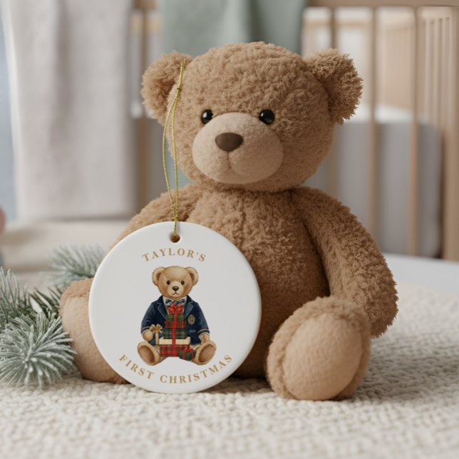 Luxe Preppy Plaid Teddy Bear | 1st Christmas Ceramic Tree Decoration (Creator Uploaded)