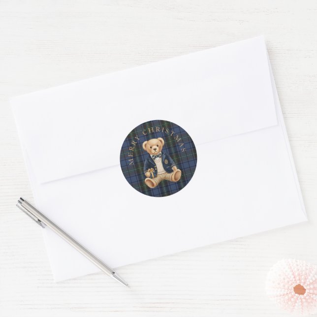 Luxe Preppy Plaid Teddy Bear Classic Round Sticker (Envelope)