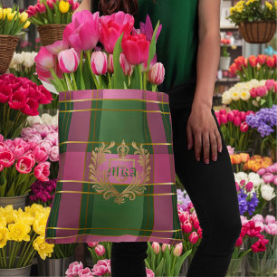 Luxe Preppy Posh Plaid Monogrammed Pink and Green Tote Bag