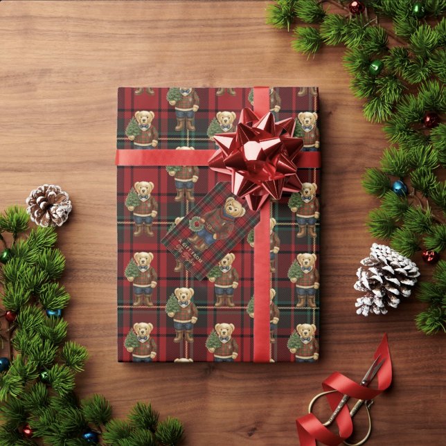 Luxe Preppy Red Plaid Christmas Teddy Bear Wrapping Paper (Creator Uploaded)