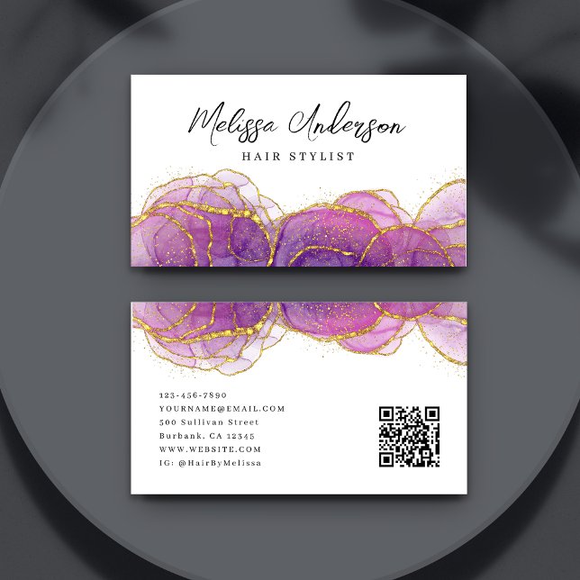 Luxe Purple Gold Glitter QR Code Business Card (Creator Uploaded)