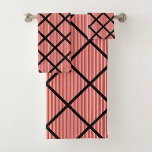 LUXE RED BLACK STRIPE GRID BATH TOWEL SET