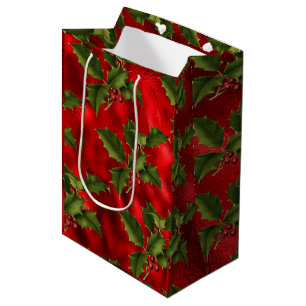 Luxe Red Foil, Green Holly Red Berries Medium Gift Bag