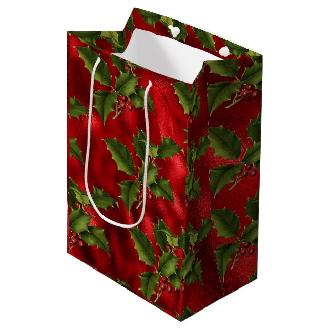 Luxe Red Foil, Green Holly Red Berries Medium Gift Bag (Front Angled)