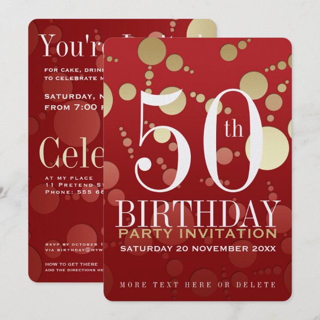 Luxe Red Gold 50th Birthday Party Invitation (Front/Back)