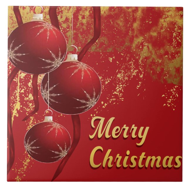 Luxe Red & Gold Merry Christmas Decorative Tile (Front)