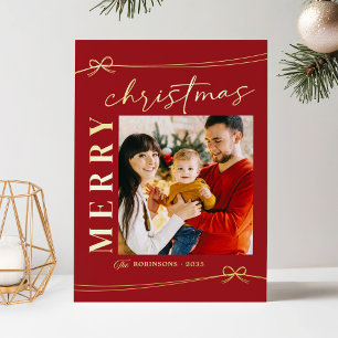 Luxe Red Gold Merry Christmas Script Photo Foil Holiday Card