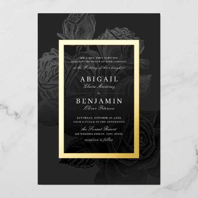 Luxe rose black gold vintage botanical wedding (Front)