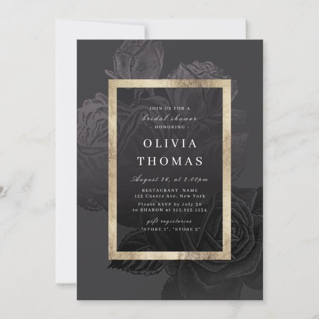 Luxe rose black vintage botanical Bridal Shower Invitation (Front)