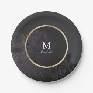 Luxe rose black vintage botanical bridal shower paper plate