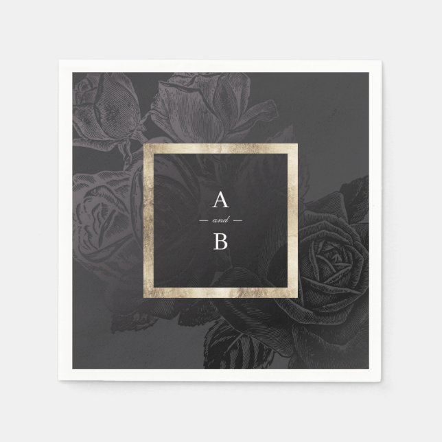 Luxe rose black vintage botanical wedding monogram napkin (Front)