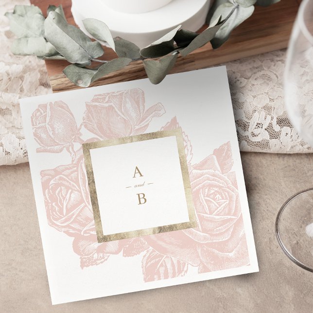 Luxe rose blush gold vintage botanical monogram napkin (Luxe rose blush gold vintage botanical monogram napkins)