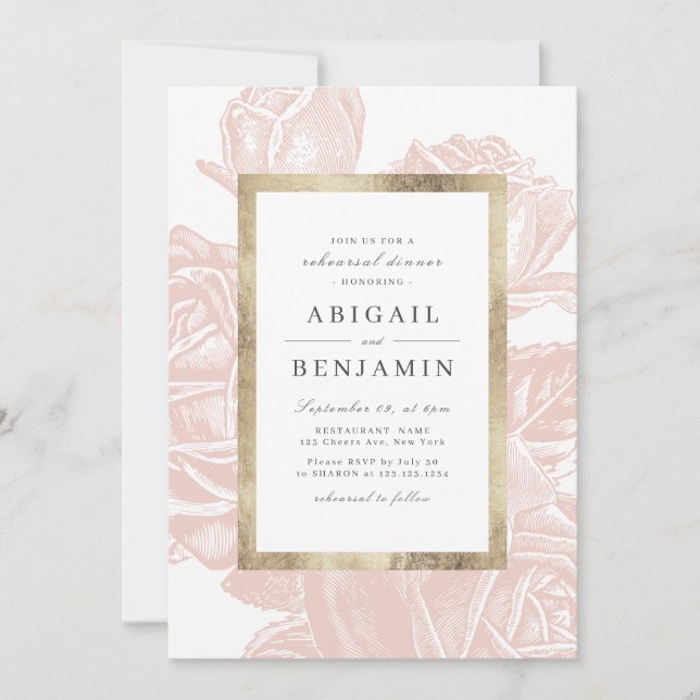 Luxe rose blush gold vintage rehearsal dinner invitation (Front)