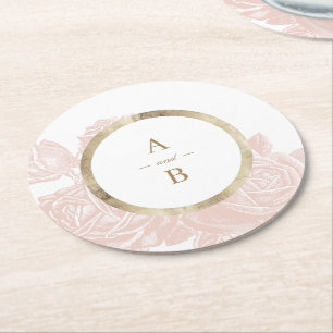 Luxe rose blush gold vintage wedding monogram round paper coaster