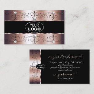 Luxe Rose Gold and Black Ornate Borders with Logo Business Card