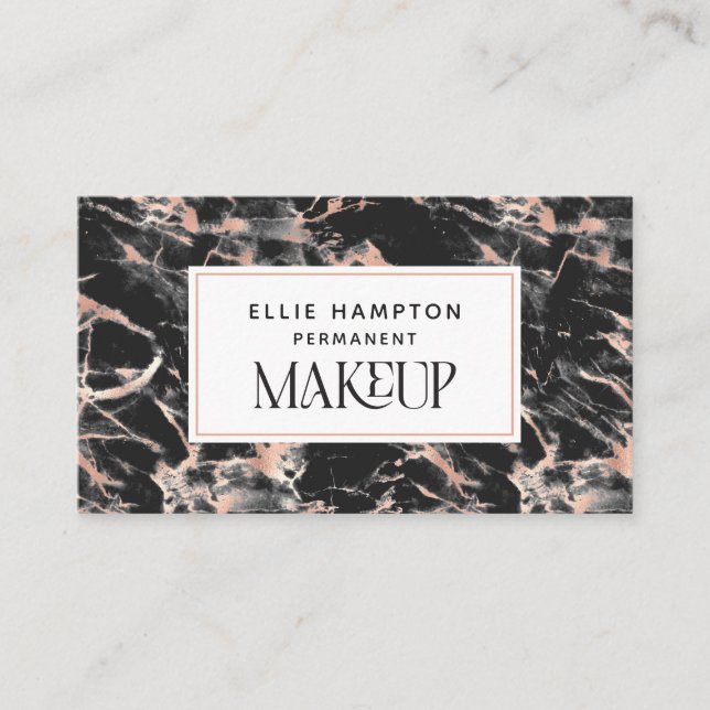 Luxe Rose Gold Black Marble Permanent Makeup Business Card (Front)