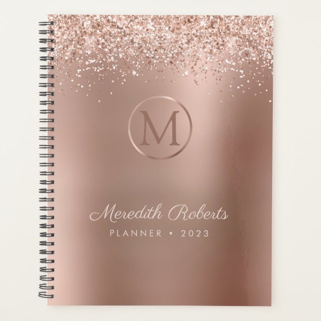 Luxe Rose Gold Blush Glitter Metallic Monogram Planner (Front)