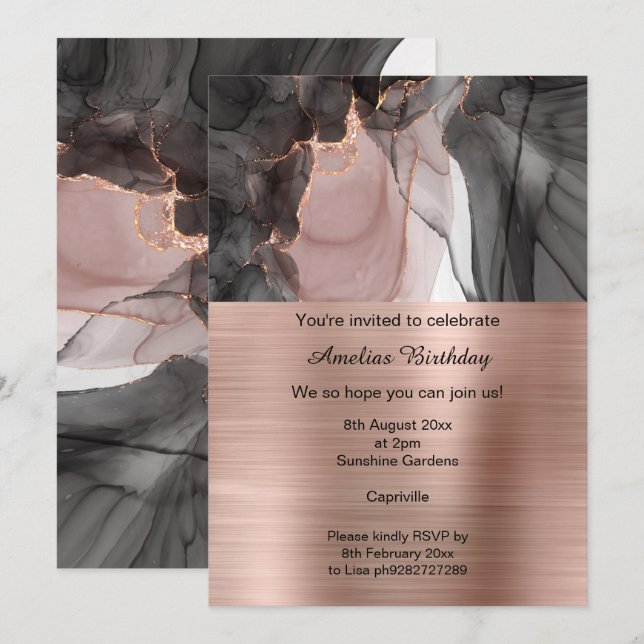 LUXE ROSE GOLD CHIFFON PARTY METALLIC INVITATION (Front/Back)