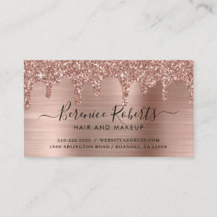 Luxe Rose Gold Glitter Drips Brushed Metal Business Card