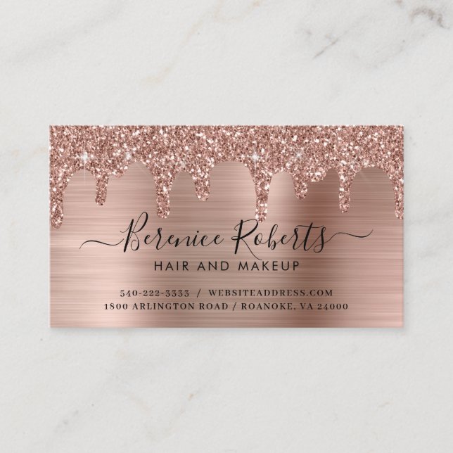 Luxe Rose Gold Glitter Drips Brushed Metal Business Card (Front)