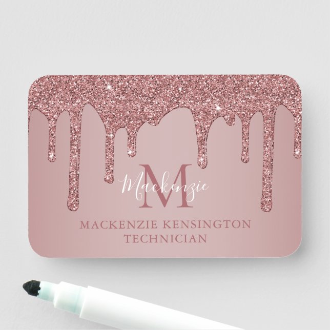 Luxe Rose Gold Glitter Drips Monogram Name Tag (In Situ)