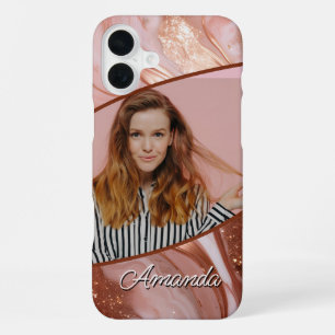 Luxe Rose Gold Glitter Marble Photo iPhone 16 Plus Case