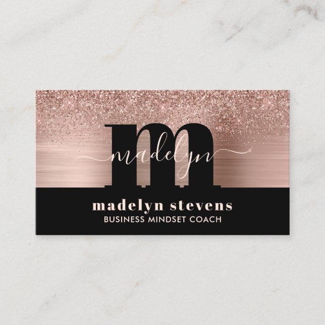 Luxe Rose Gold Glitter Metallic Monogram Logo Business Card (Front)