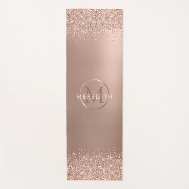 Luxe Rose Gold Glitter Metallic Monogram Yoga Mat (Front)