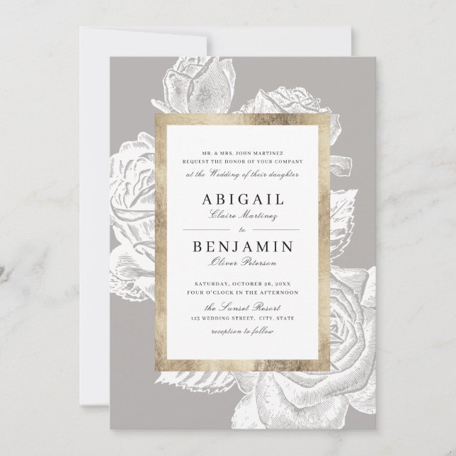 Luxe rose gold grey vintage botanical wedding invitation (Front)