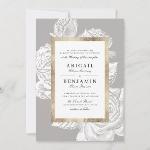 Luxe rose gold grey vintage botanical wedding invitation