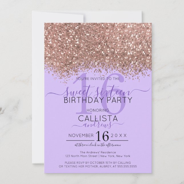 Luxe Rose Gold Lavender Glitter Confetti Sweet 16 Invitation (Front)