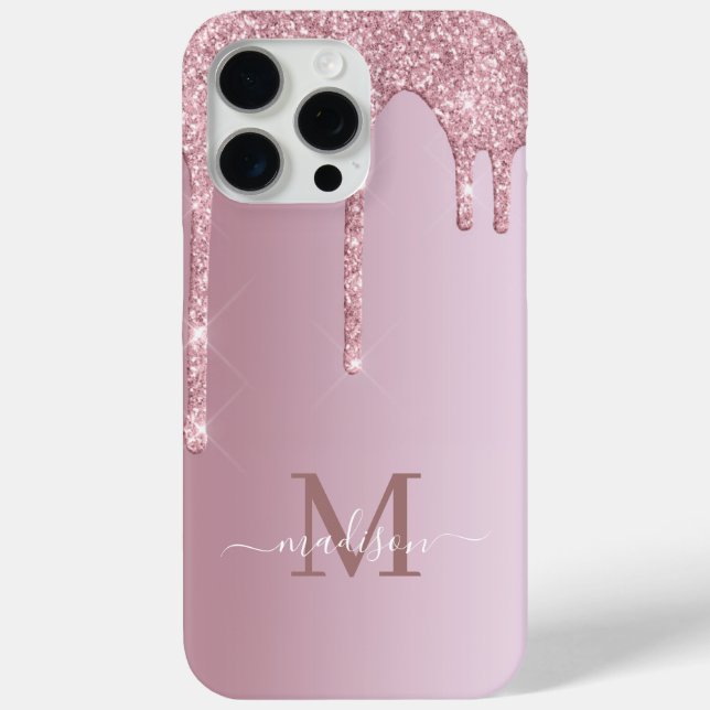 Luxe Rose Gold Pink Dripping Glitter Monogram Case-Mate iPhone Case (Back)