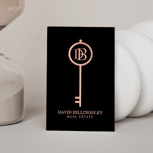 Luxe Rose Gold Skeleton Key Monogram Realtor Business Card