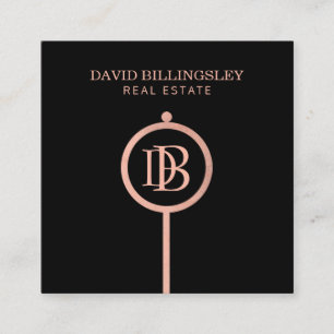 Luxe Rose Gold Skeleton Key Monogram Realtor Square Business Card