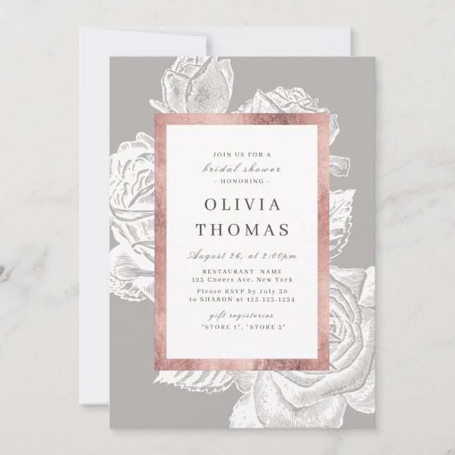 Luxe rose gold vintage botanical Bridal Shower Invitation (Front)