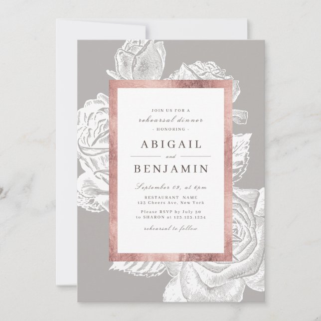 Luxe rose gold vintage botanical rehearsal dinner invitation (Front)