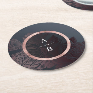 Luxe rose gold vintage botanical wedding monogram round paper coaster