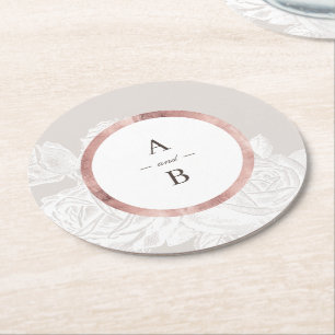 Luxe rose gold vintage botanical wedding monogram round paper coaster