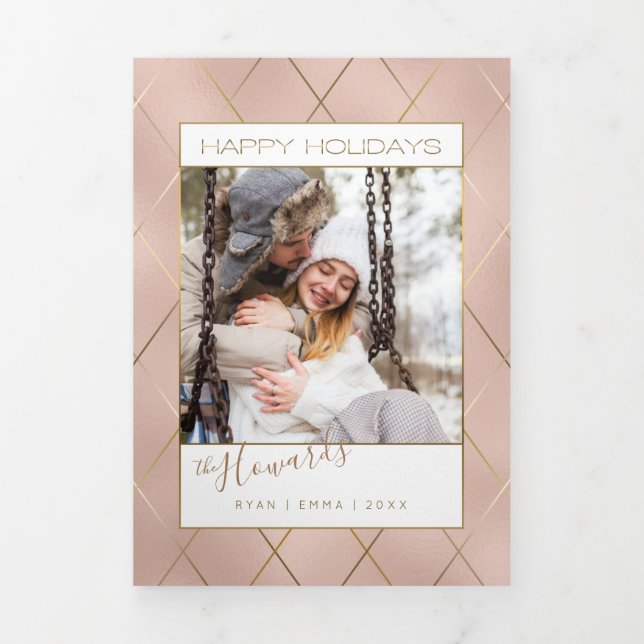 Luxe Rose Gold w/Sleek Diagonal Gold Lines Photo Tri-Fold Holiday Card (Cover)
