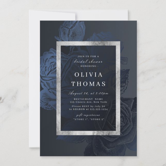 Luxe rose navy vintage botanical Bridal Shower Invitation (Front)