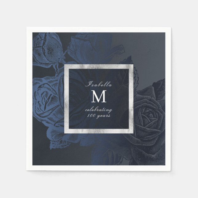 Luxe rose navy vintage botanical bridal shower napkin (Front)