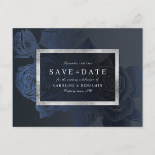 Luxe rose navy vintage botanical save the date announcement postcard