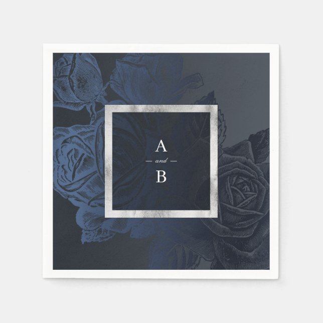 Luxe rose navy vintage botanical wedding monogram napkin (Front)