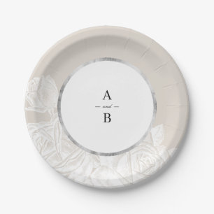 Luxe rose neutral vintage floral wedding monogram paper plate