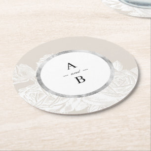 Luxe rose neutral vintage floral wedding monogram round paper coaster
