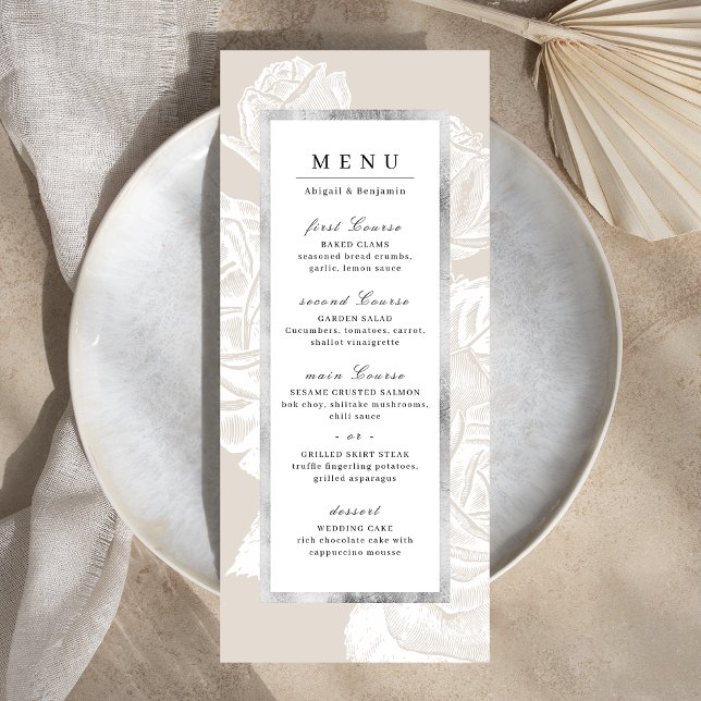 Luxe rose silver neutral vintage botanical wedding menu (Luxe rose silver neutral vintage botanical wedding menu)