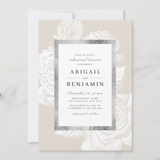 Luxe rose vintage botanical rehearsal dinner invitation (Front)