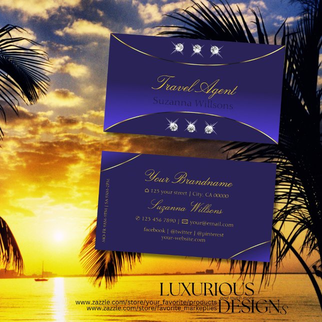 Luxe Royal Blue Gold Decor with Sparkle Diamonds Business Card (Creator Uploaded)