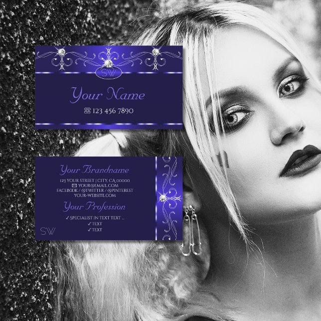 Luxe Royal Blue Squiggles Sparkle Jewels Initials Business Card (Creator Uploaded)