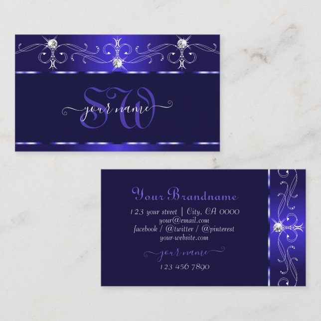Luxe Royal Blue Squiggles Sparkle Jewels Monogram Business Card (Front/Back)